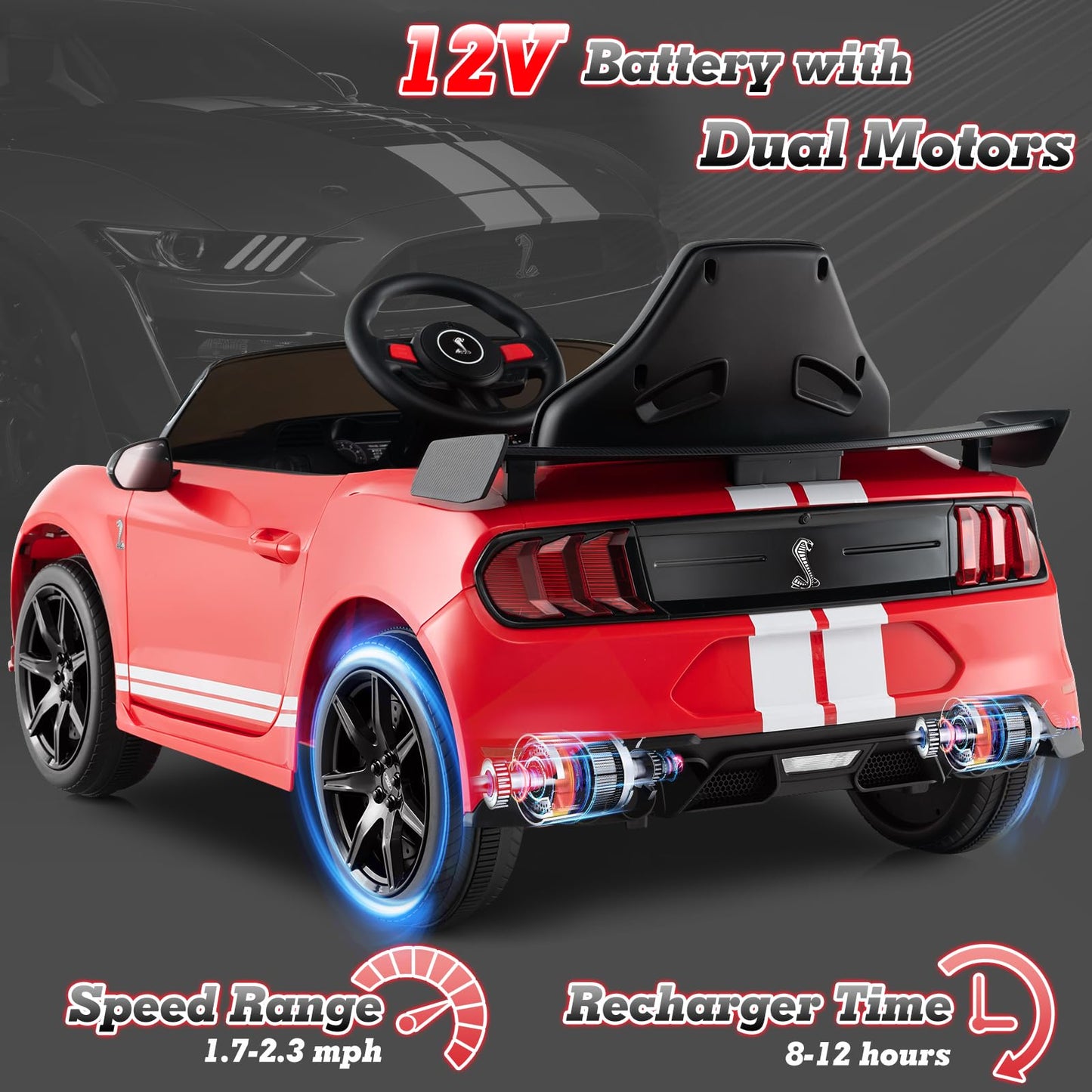 Licensed Ford Mustang Shelby Gt500 Ride On Car For Kids By Olakids, 12V Electric Vehicle With Remote Control, Toddlers Battery P