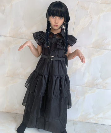 Grivos Wednesday Addams Dress Costumes For Kids Girls Family Party Dress Up Cosplay Outfit With Belt Wig 4-14 Years