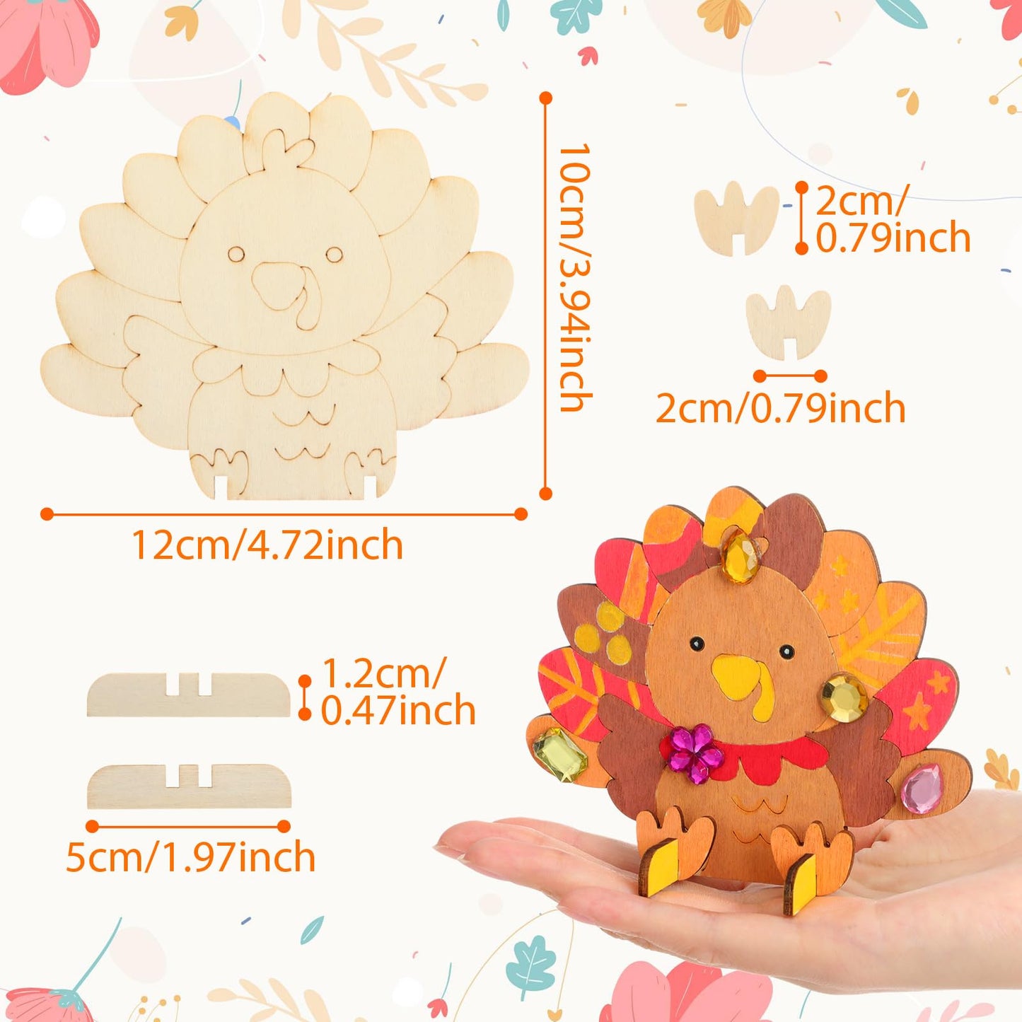 Blueweenly 48 Set Fall Thanksgiving Sitting Turkey Craft Kit for Kids DIY 3D Wooden Turkey Painting Kit with Watercolor Pens Acr