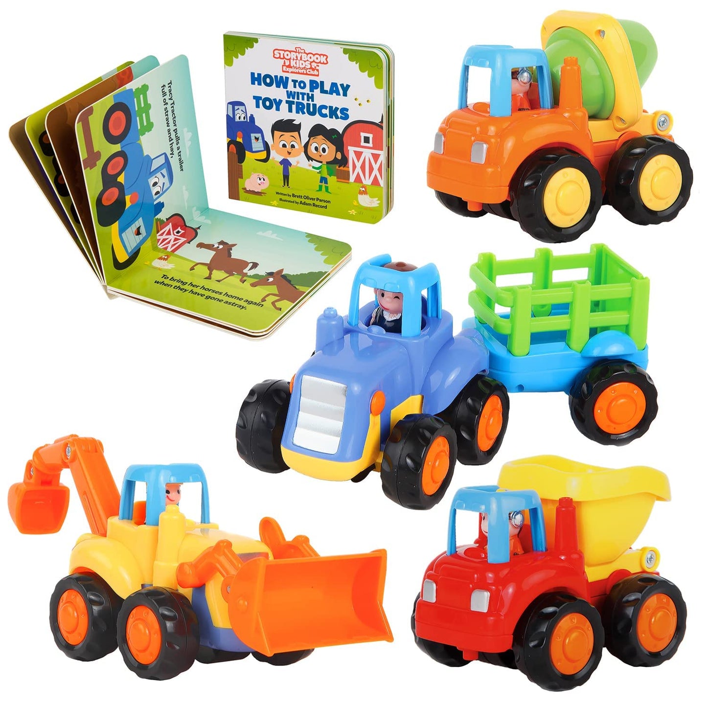 Construction Toy Truck Set For Toddlers Ages 1-4 - Push & Pull Friction Trucks, Matching Book - Bpa Free Cars For Boys & Girls