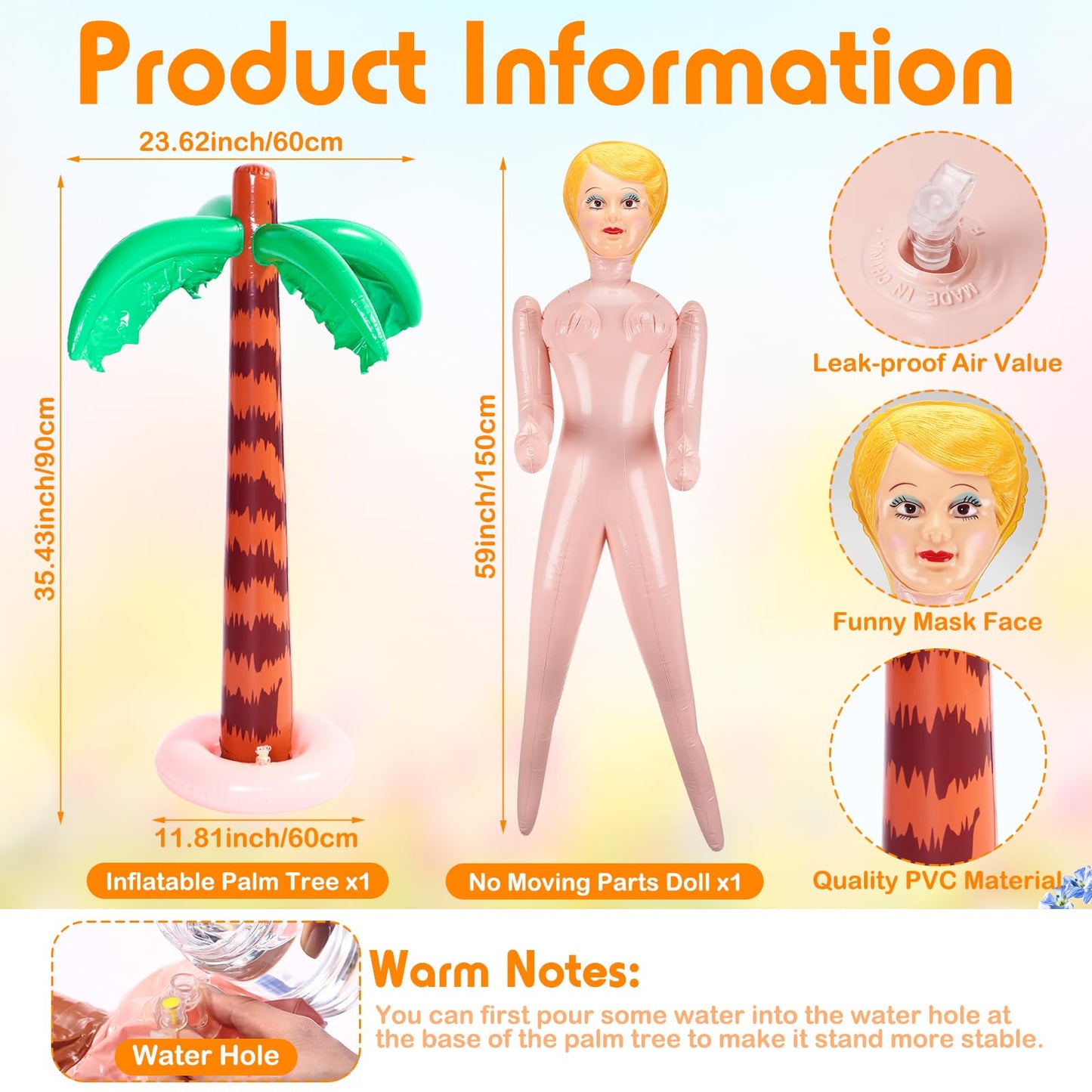 Liliful 8 Pcs Hawaiian Inflatable Blow Up Doll Set Includes 59 Inch No Moving Part Judy Doll Summer Inflatable Palm Tree Pool Ra