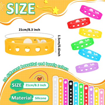 60 Pieces 10 Colors Silicone Bracelets Wristbands 8.3 Inch Cute Plastic Bracelets with Holes Adjustable Rubber Bracelets in Bulk