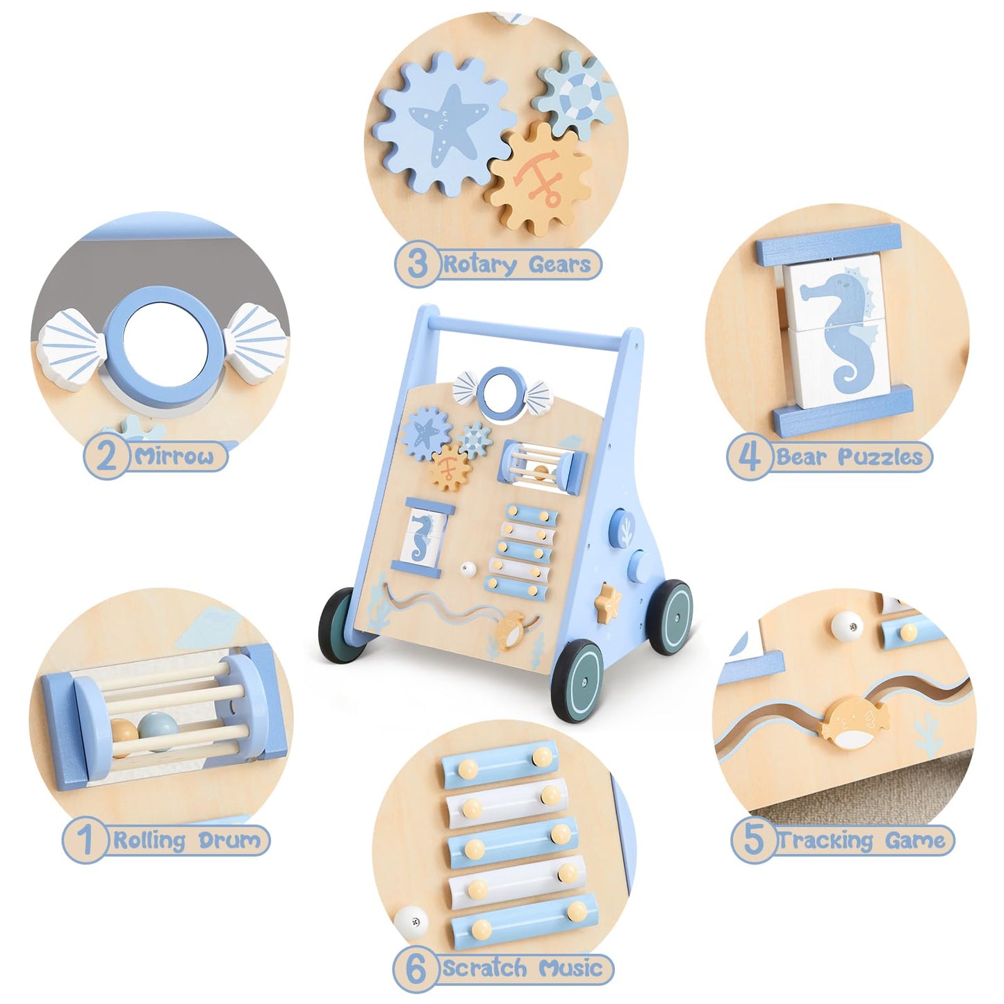 Beright Wooden Baby Walker Push And Pull Learning Activity Walker With Wheels Montessori Walker Toy Multiple Activities Center Develops Motor Skills & Stimulates Creativity (Blue)