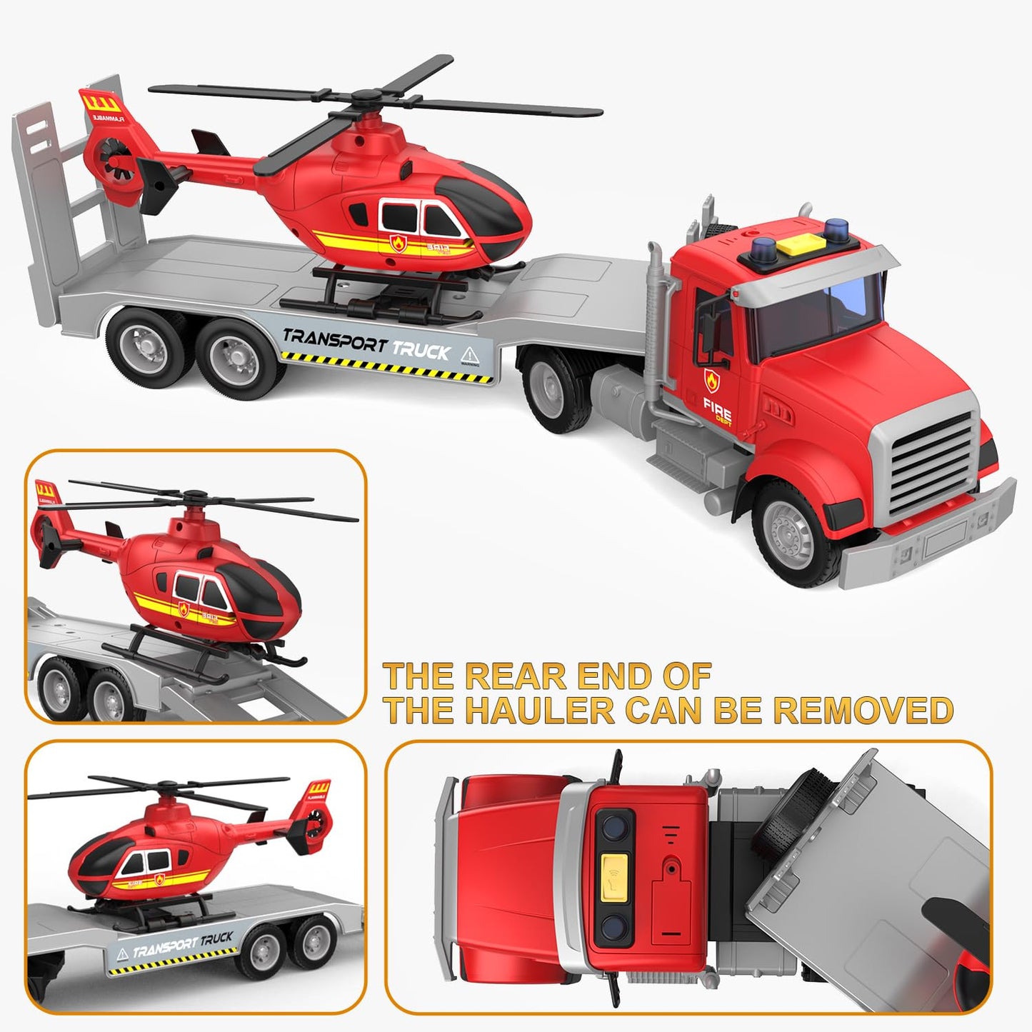 DOWELLIN 22'' Semi Fire Truck Toy with Helicopter for Kids Toddlers - Fire Police Car Toys, Birthday for Boy Girl Child 3 4 5 6