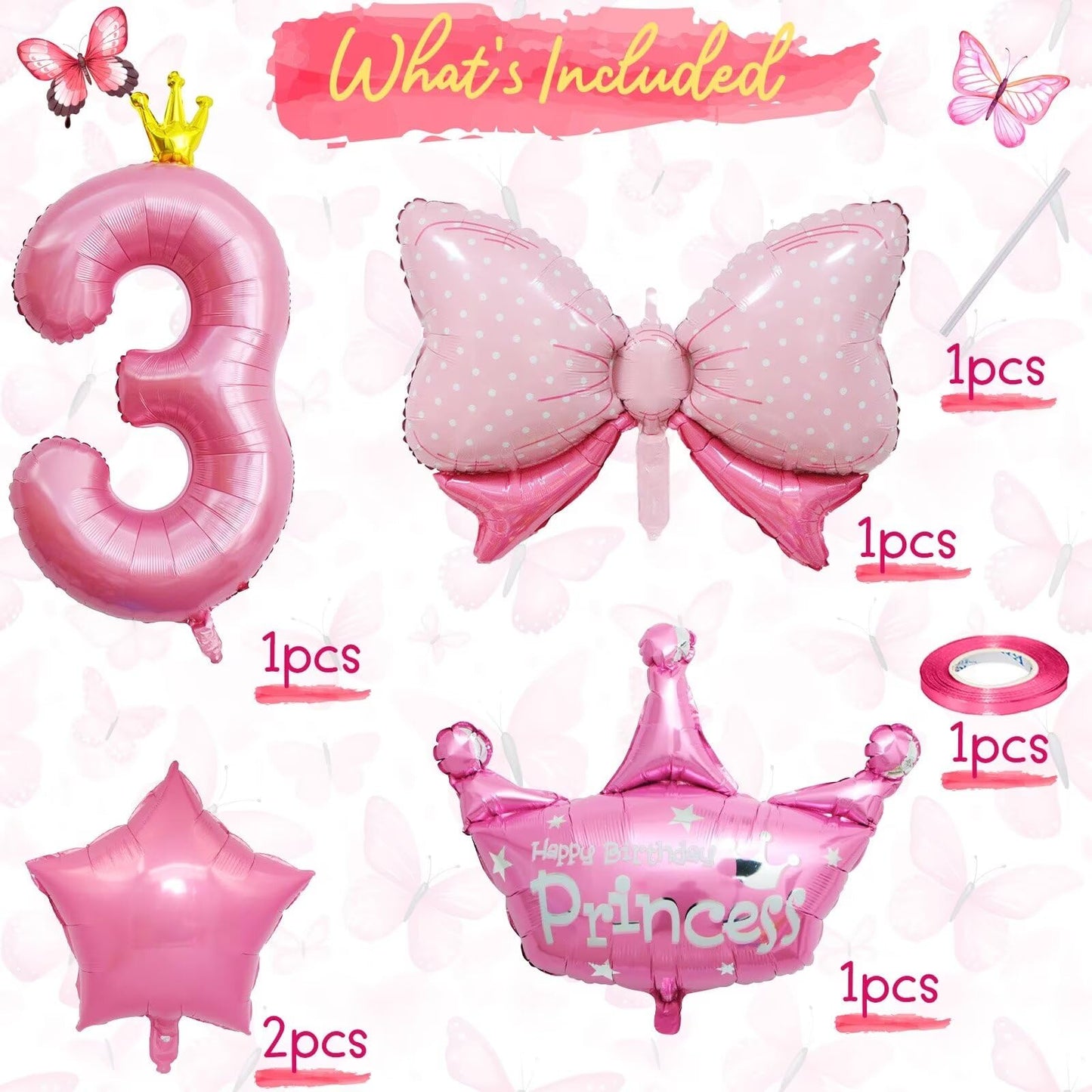 3Rd Birthday Decorations For Girls, Pink 3Rd Birthday Balloon Set With 40 Inch Pink Number 3, Large Helium Foil Mylar Crown Balloon, Pink Bow Foil Balloons For Baby Girl Daughter First Birthday Party