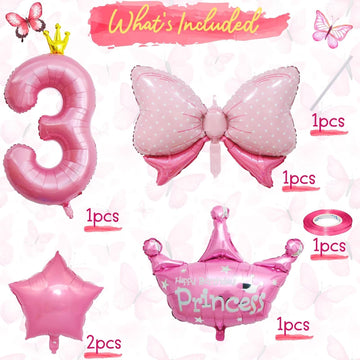 3Rd Birthday Decorations For Girls, Pink 3Rd Birthday Balloon Set With 40 Inch Pink Number 3, Large Helium Foil Mylar Crown Balloon, Pink Bow Foil Balloons For Baby Girl Daughter First Birthday Party