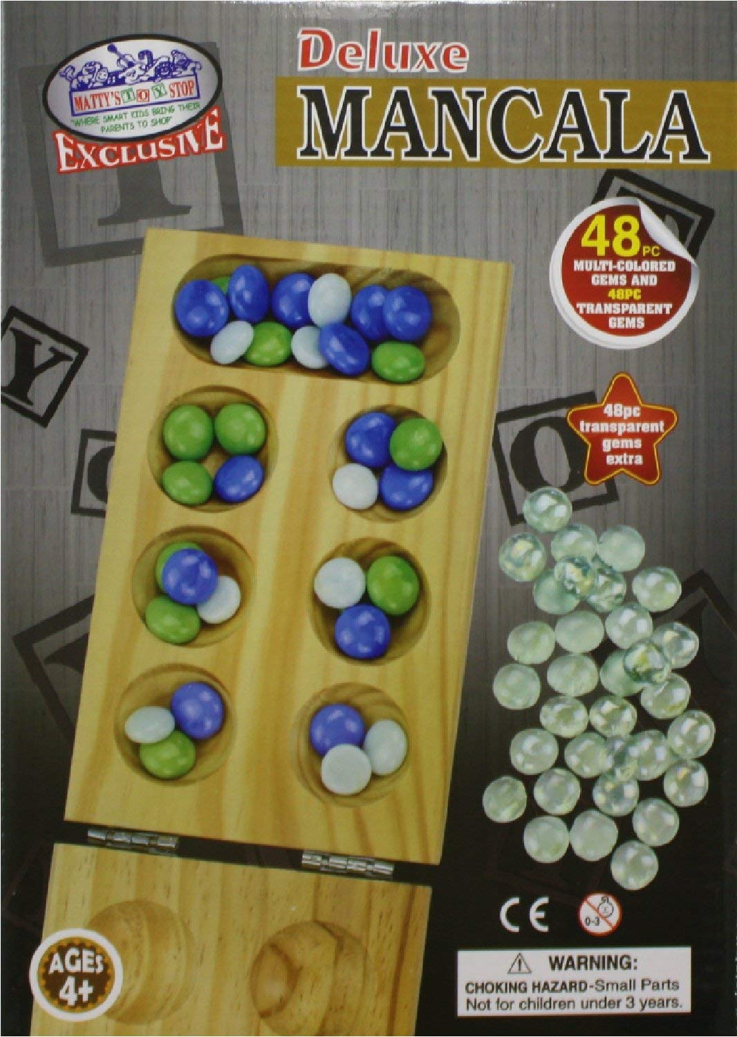 Matty'S Toy Stop Deluxe Solid Wood Folding Mancala Game With 48 Multi-Colored Gems And 48 Clear Gems (96 Gems Total)