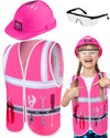 Handepo Construction Worker Costume Kids Hard Hat Construction Vest Goggles Toddler Dress Up Set Birthday Party Girls Boys(Pink,