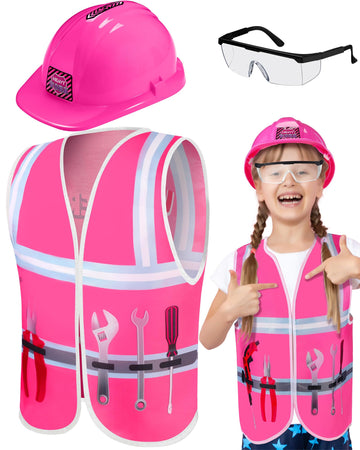 Handepo Construction Worker Costume Kids Hard Hat Construction Vest Goggles Toddler Dress Up Set Birthday Party Girls Boys(Pink,