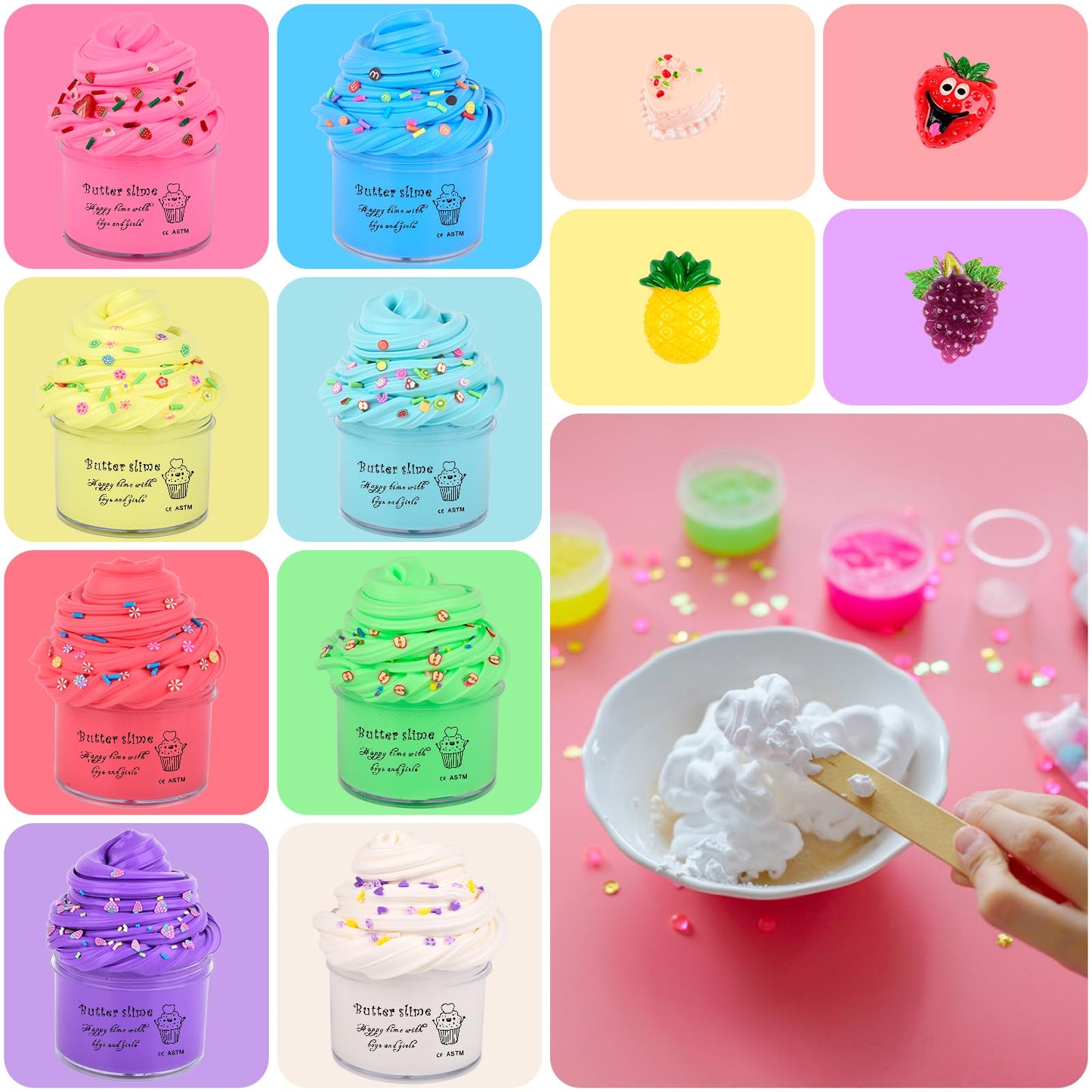 Butte Slime Kit Mini 8 Pack Party Favor For Kids,Strawberry, Grape, Pineapple Cake Charms,Color And Texture Experience,Stress Re
