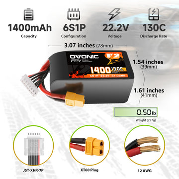 OVONIC 130C 6S 1400mah Lipo Battery 22.2V Pack with XT60 Plug for FPV Racing(2pcs)