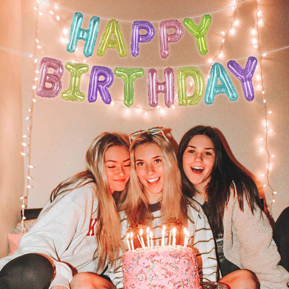 TONIFUL Happy Birthday Balloons with Ribbon Straw, 16 Inch Mylar Letters Birthday Sign Banner Bunting Reusable for Girls Boys Ki