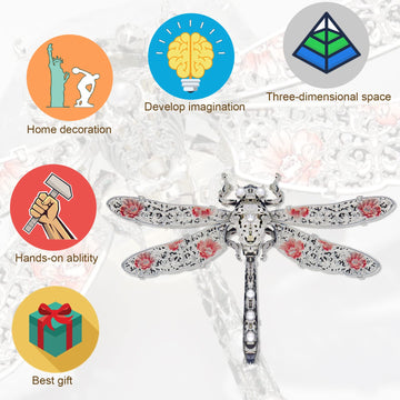 Piececool 3D Puzzles For Adults, Dragonfly Metal Model Building Kits Insect Themed Brooch Assembling Diy Crafts Creative Birthday Gifts,25Pcs
