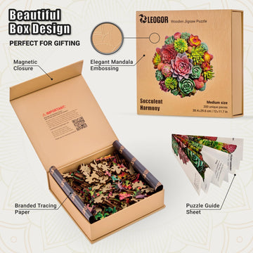 Leogor Wood Puzzles Adult Jigsaw - Exquisite Wooden Succulent Plant Puzzle, Unique Animal-Shaped And Flowers-Inspired Creative Colorful Spectrum Mosaic, 200 Pieces, Medium 12'' X 11.7''