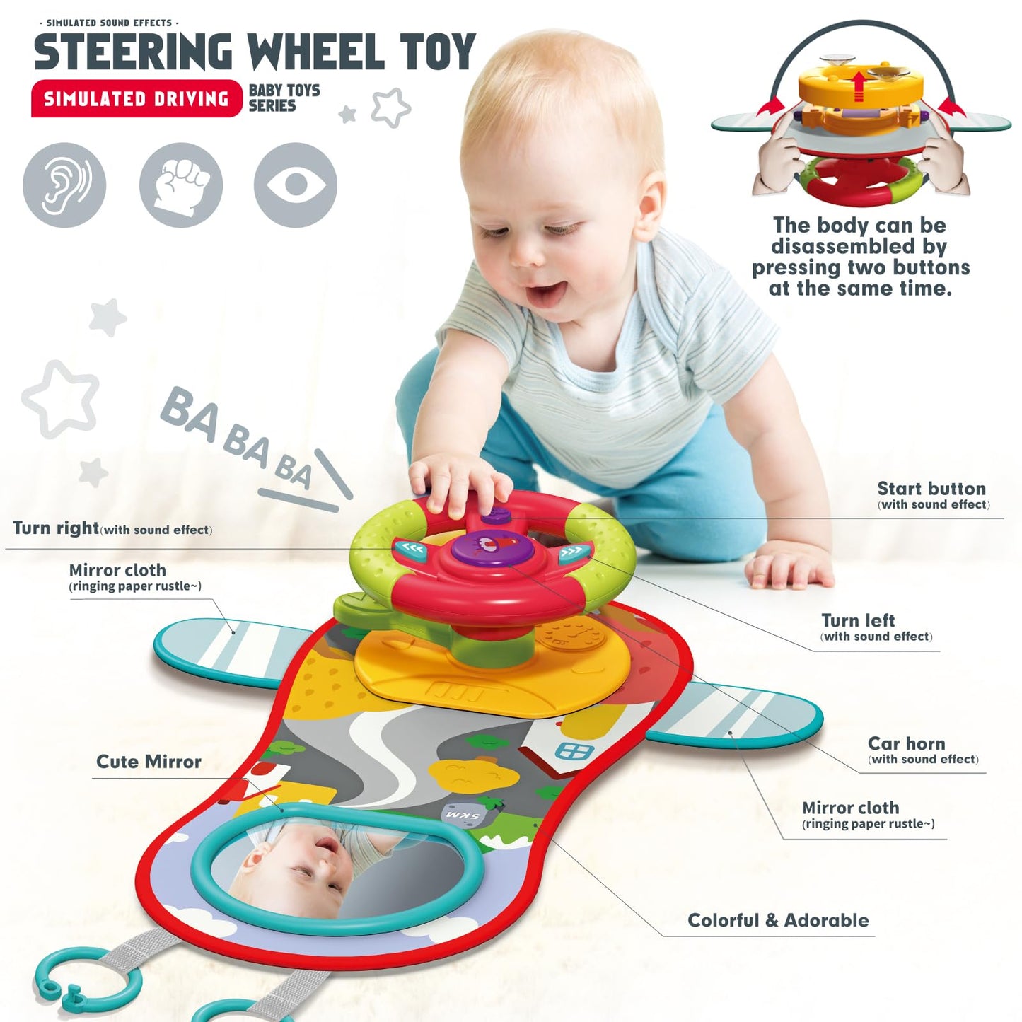 Happytime Travel Baby Toys, Interactive Dashboard Steering Wheel Pretend Play Driving Toy, Rear Car Seat Toys With Mirror 2-In-1
