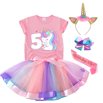 Tutu And Sian Unicorn Birthday Outfit For Girls - Unicorn Shirt, Tutu Skirt Dress, Birthday Girl Crown, Hair Bow & Satin Sash (Unicorn 5Y, 4-5 Years)