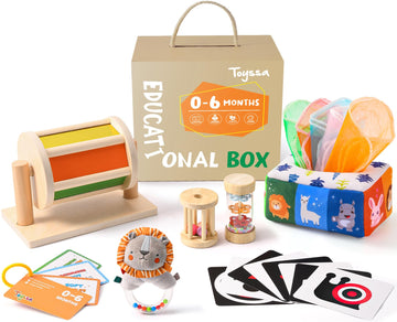 Toyssa Montessori Toys For Babies 0-6 Months, 6 In 1 Wooden Learning Educational Sensory Toys With Spinning Drum & Tissue Toys & Baby Rattle & Flash Card, Birthday Gifts For Babies Boys Girls