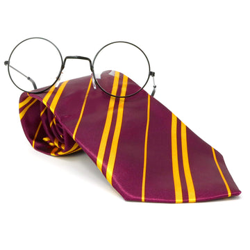 Skeleteen Wizard Glasses And Tie - Maroon And Gold Dress Up Tie And Black Round Glasses Set - 1 Pair