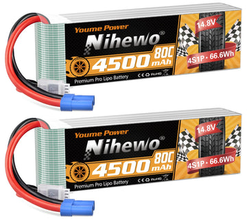 Nihewo 4S Lipo Battery 14.8V RC Battery 4500mAh 80C with EC5 Plug Compatible with 1/10 1/8 Scale RC Car Truck Vehicle Airplane H
