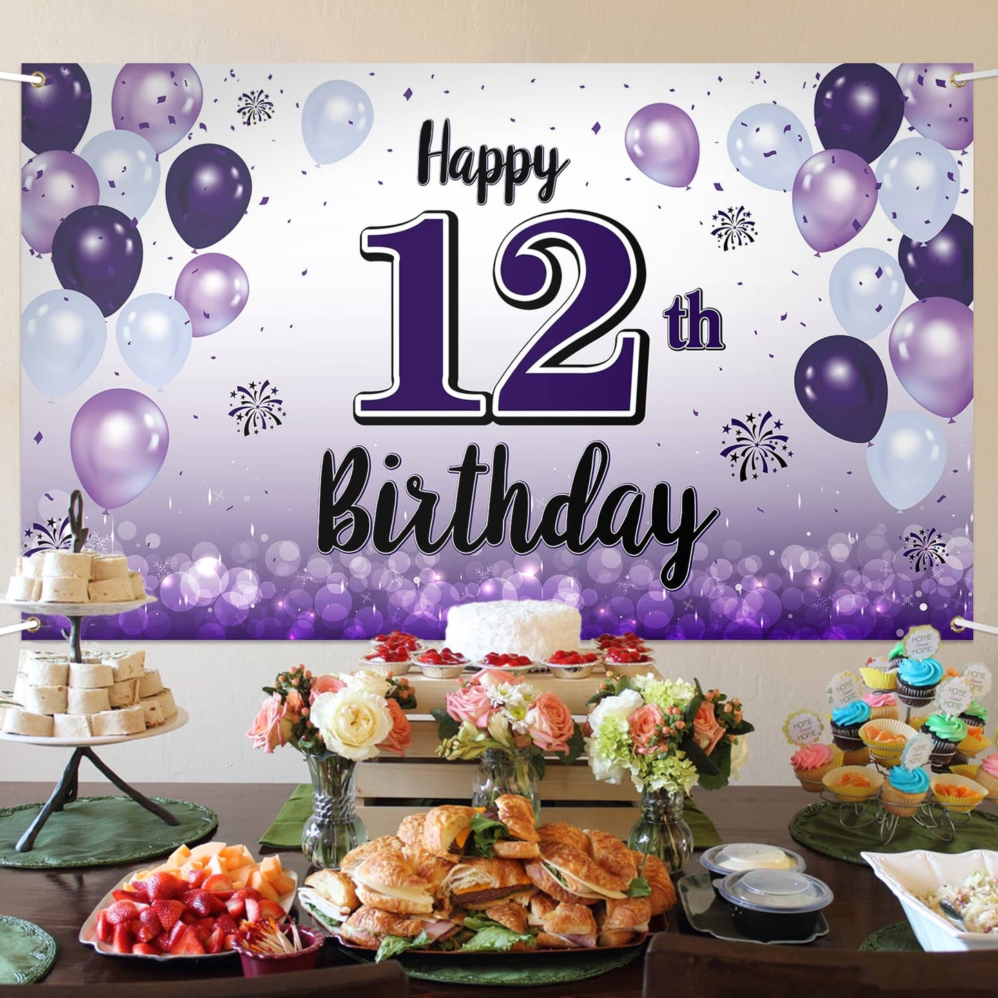 LASKYER Happy 12th Birthday Decorations - Purple Balloon Banner, Polyester, Model P-BH-12, Perfect for 12th Birthday Party Supplies