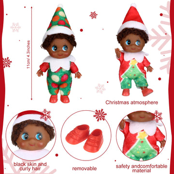 Threan 2 Pcs Christmas Elf Twins Ethnic Hispanic African American Black Elves Doll Xmas Figure Village Elf Accessories Decoration Advent Calendar Stocking Stuffer(Tree Style)