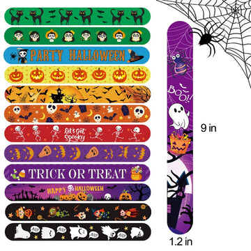 SUNPROUND Halloween Slap Bracelet,100Pcs Slap Bracelet Wristbands with Spider Pumpkin Ghost Zombie Bat Witches Design Snap Brace
