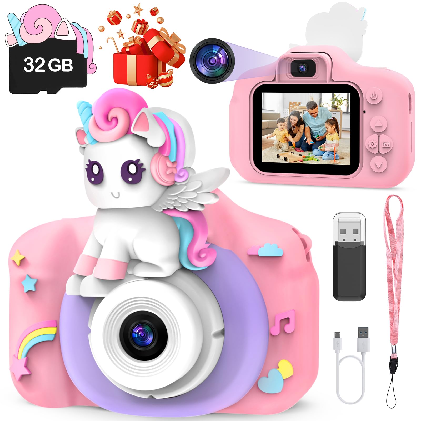 Skirfy Kids Camera,Unicorns Camera 1080P Hd Digital Video Camera For Girl Toys 3-12, Selfie Camera Toys For Girls, Toddlers Birt