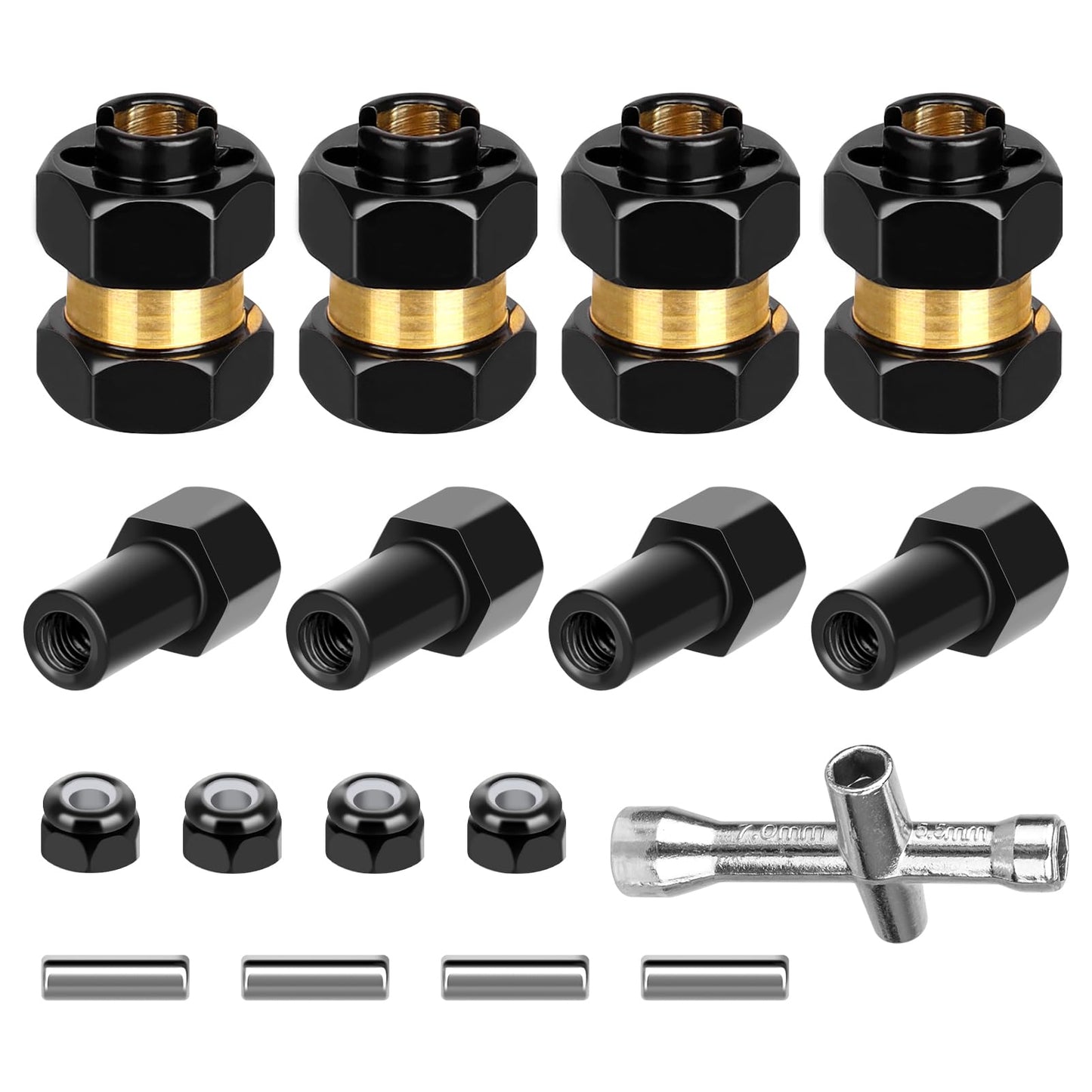 4 Pieces Brass 7mm Hex Extended Wheel Hubs Wheel Spacers Axle Extension Combiner w/Locknuts and Wrench, Compatible with Axial SC