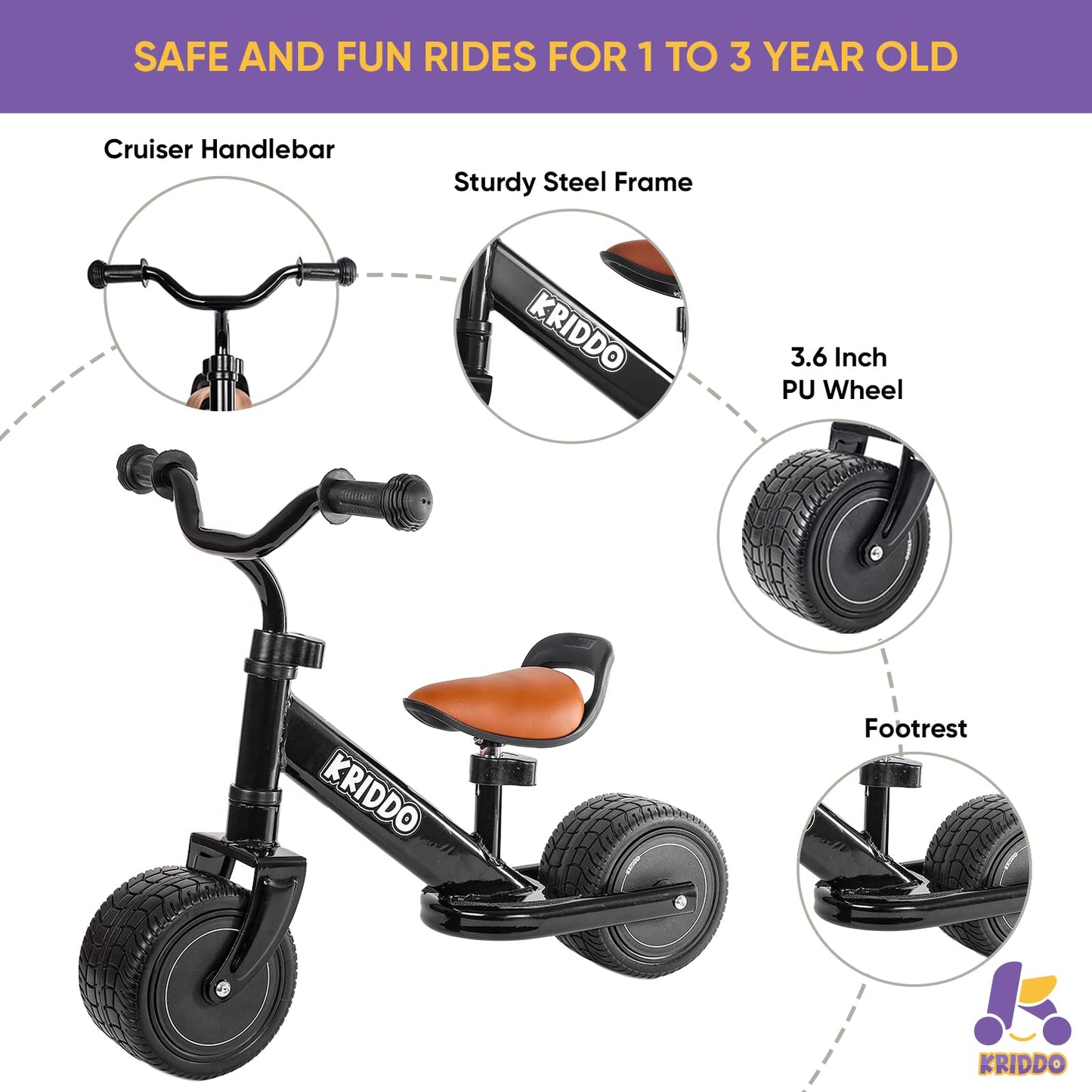 Kriddo 1-2 Year Old Balance Bike, Mini Cruiser For First Birthday, Black
