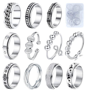 Mucal Fidget Rings For Anxiety 8Pcs Stainless Steel Spinner Ring Anti Anxiety Ring Spinning Moon Star Cool Stress Relieveing Rings For Women Men, Fidget Rings With Beads