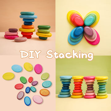 Oessuf 16Pcs Extra-Large Wooden Sorting Stacking Rocks - Safe Montessori Toys For 1-3 Year Old, Waldorf Wooden Blocks For Toddlers 1-3, Smooth Stacking Stones For Toddlers, For Kids