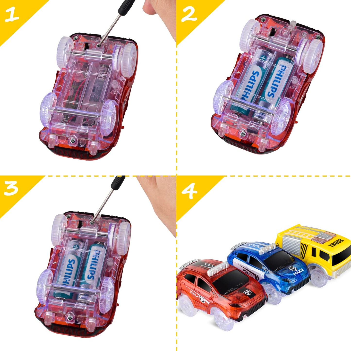 INLAIER Light Up Toy Cars - 5 LED Flashing Racing Car Track Accessories - Yellow - Compatible with Magic Tracks (3 Pack)
