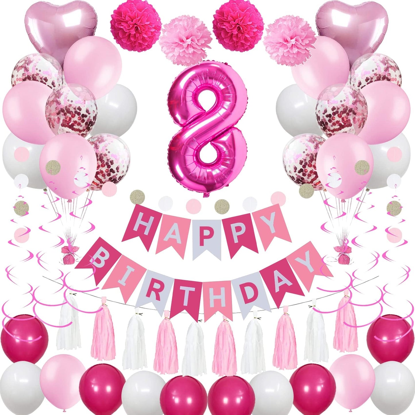 Sweet 8Th Birthday Decorations For Girls, Pink And White 8 Happy Birthday Balloons,8Th Birthday Party Supplies For Daughter Her