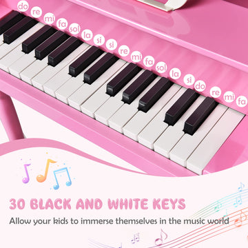 Goplus 30-Key Classical Kids Piano, Mini Grand Piano Wooden Learn-To-Play Musical Instrument Toy With Bench, Piano Lid, Music Rack, Gift For Boys Girls Aged 2+ Baby Tollder(4 Straight Leg-Pink)