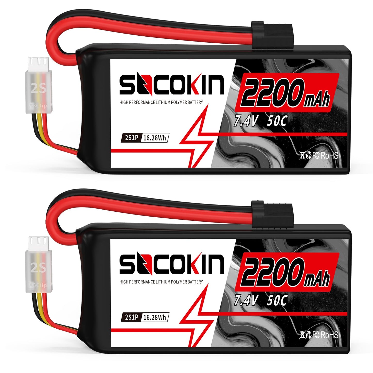 Socokin 2S Lipo Battery 7.4V 50C 2200mAh with TR Connector (2 Pack) for RC Car, Truck, Boat, Drone, Quadcopter