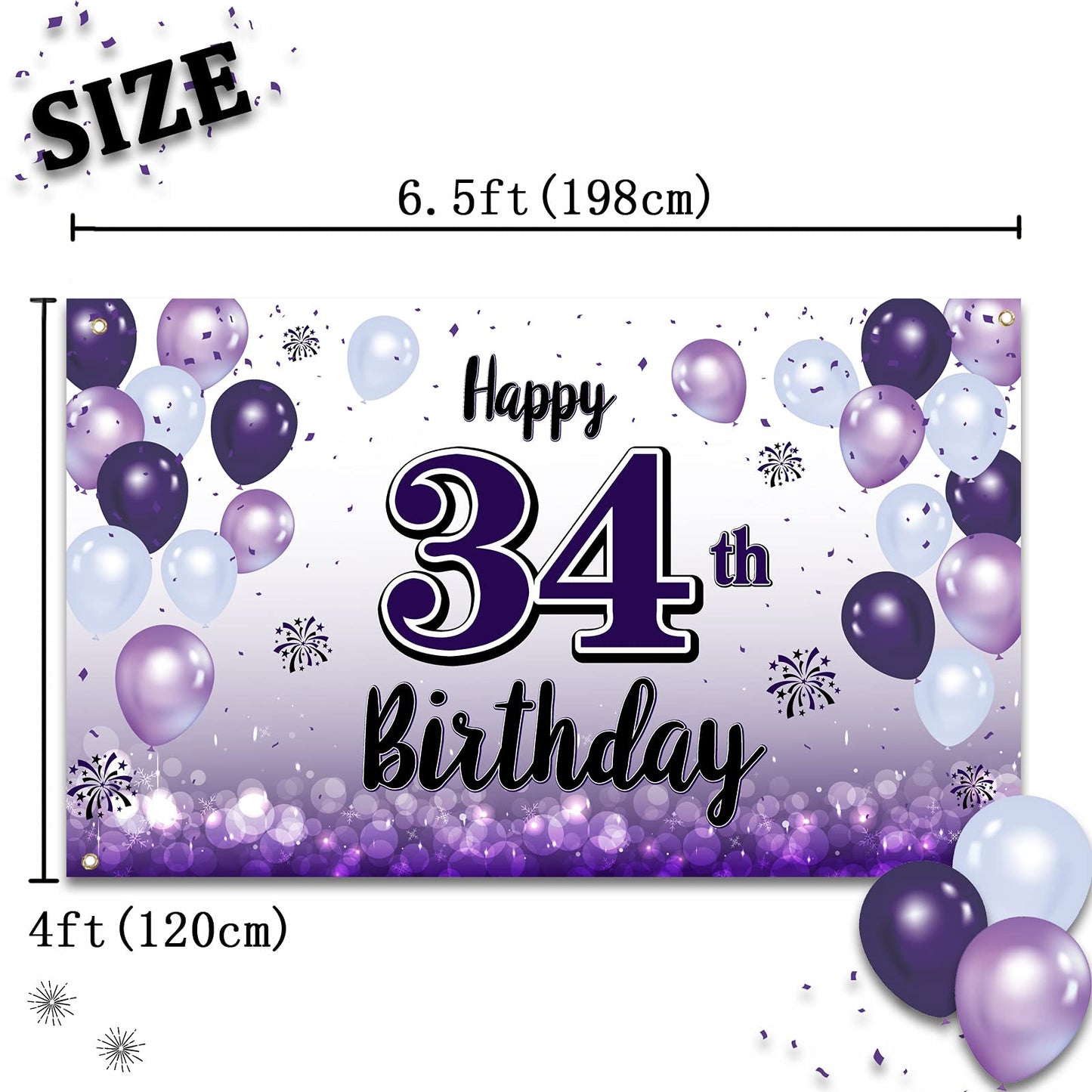 LASKYER Happy 34th Birthday Decorations,34th Purple Balloon Large Birthday Banner Backdrop Sign,34 Years Old Bday Party Supplies
