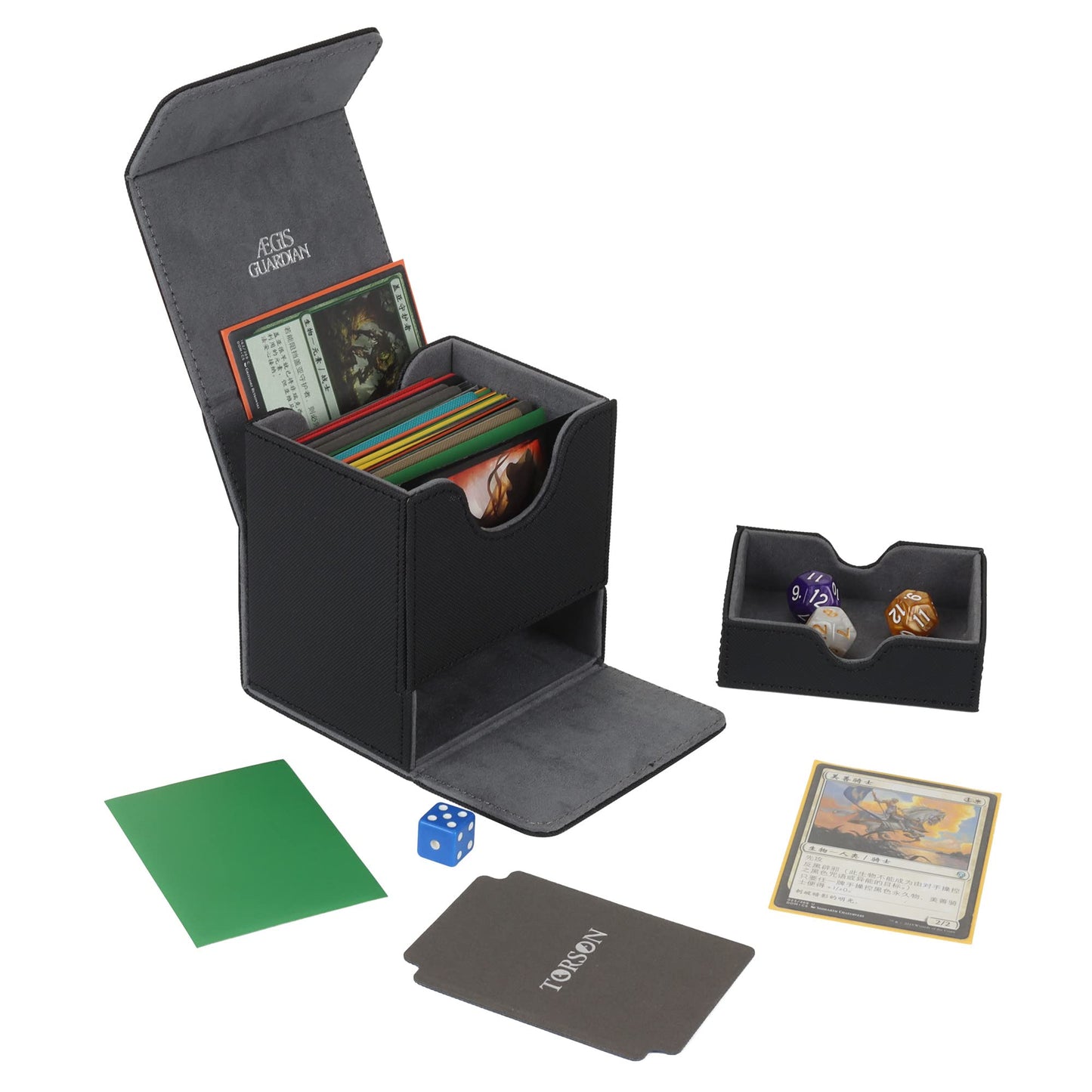 ÆGIS GUARDIAN MTG Card Deck Box with Dice Tray, Faux Leather, Fits 150+ Sleeved Cards, Black