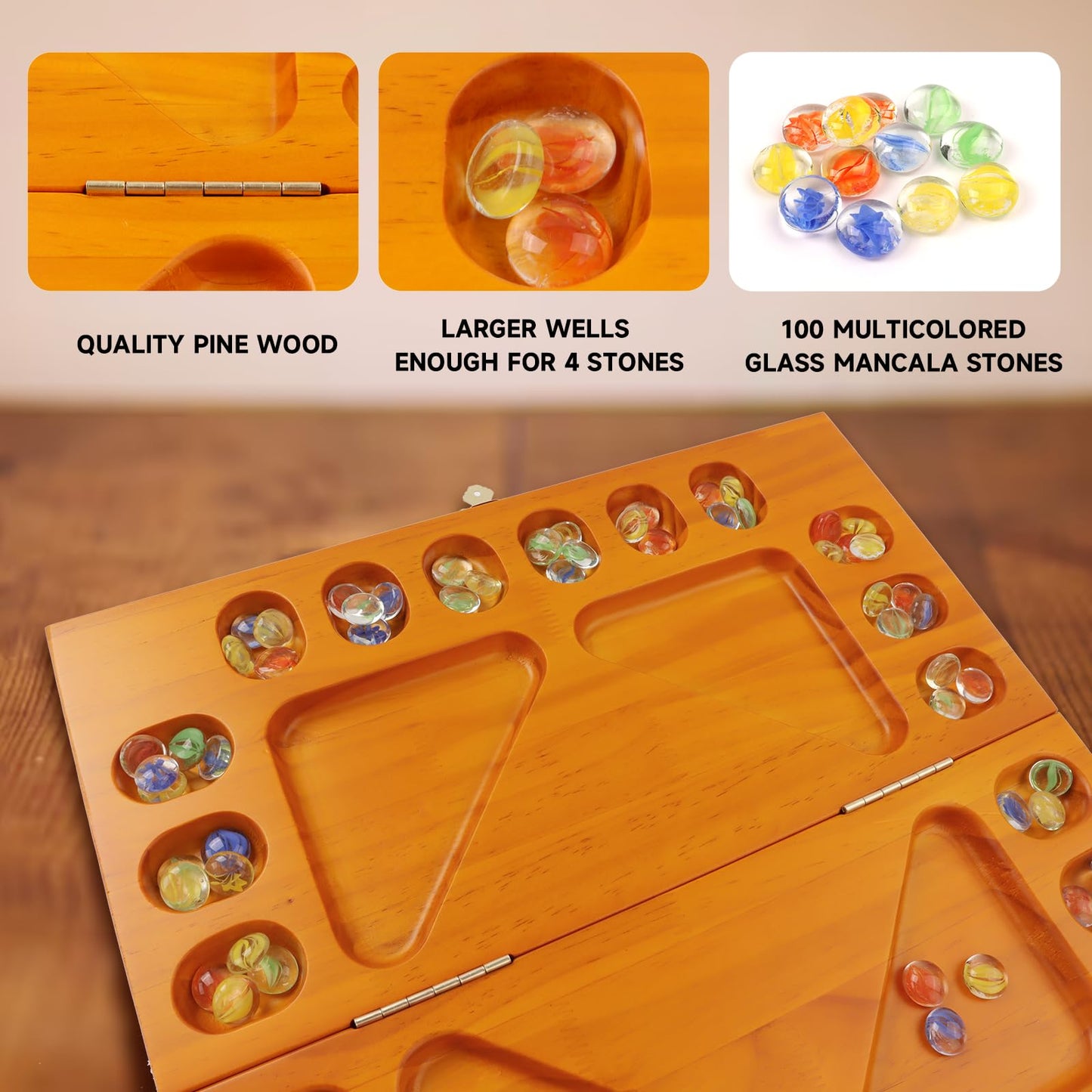 GSE Games 4-Player Mancala Board Game, Folding Wooden Set with Multi-Color Glass Stones, 16 x 16.5 x 0.75 inches, Oak