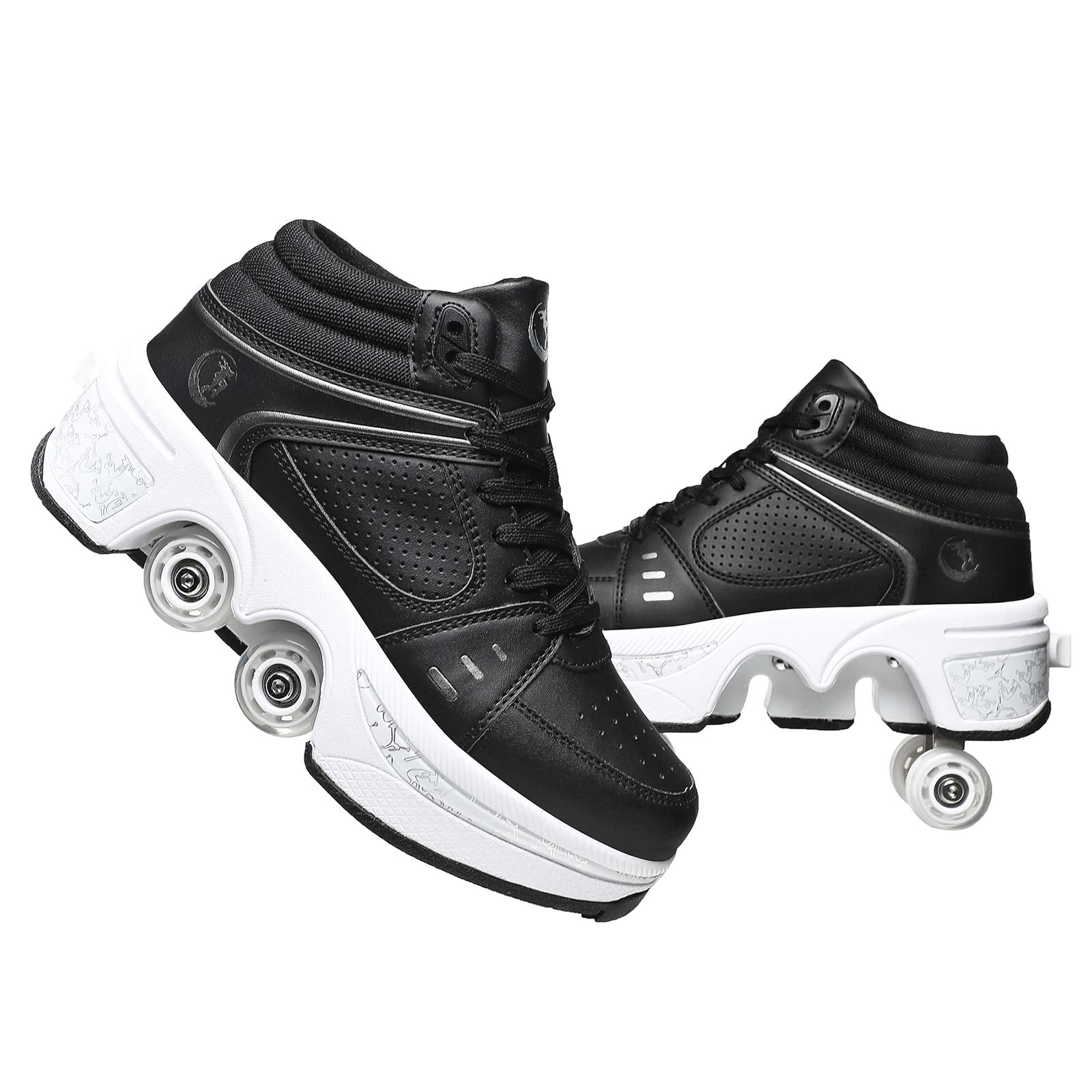 Double-Row Deform Wheel Automatic Walking Shoes Invisible Deformation Roller Skate 2 in 1 Removable Pulley Skates Skating Parkour (Black high  US 9.5)