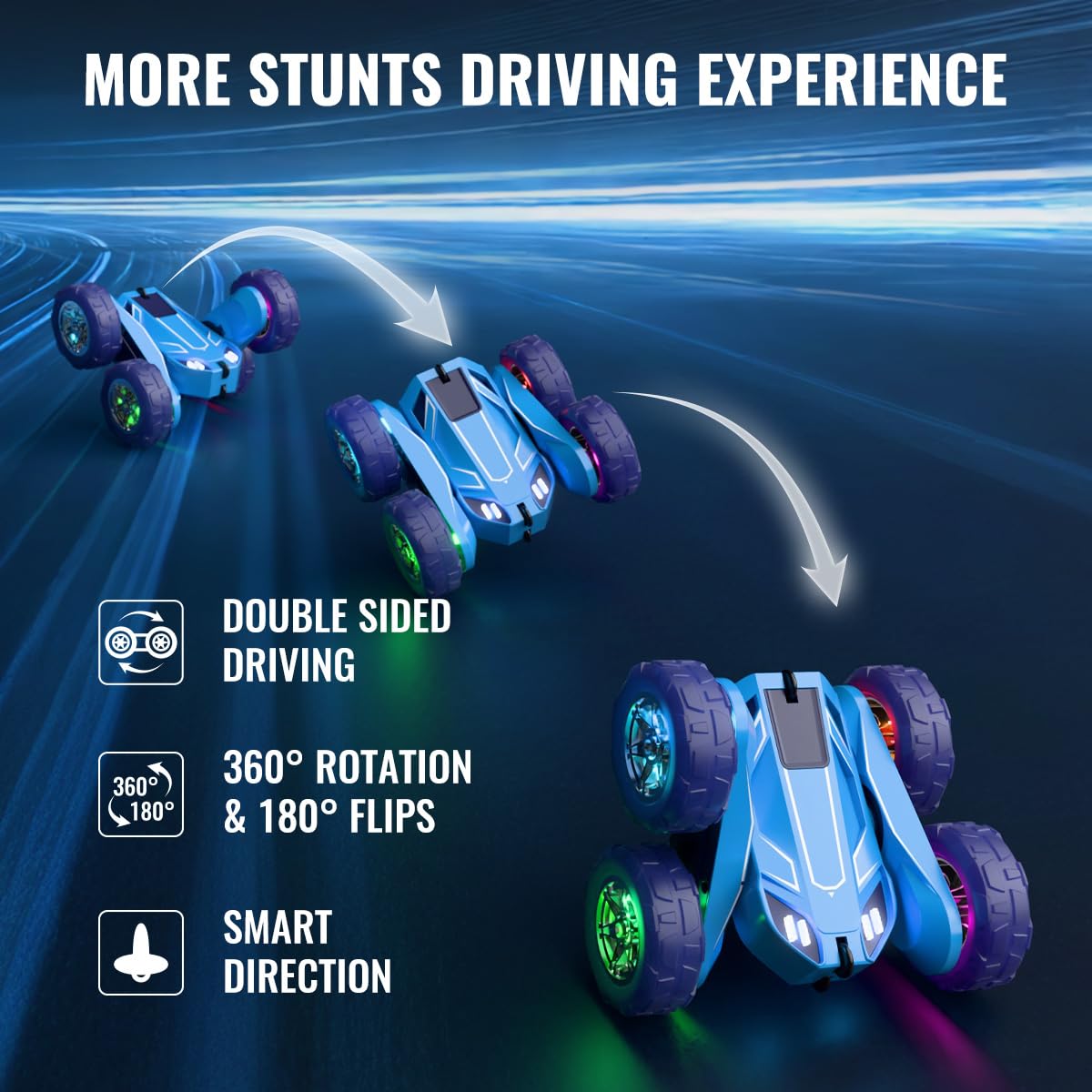 MaxTronic Remote Control Car - Rechargeable Stunt Crawler, 20km/h, 6.1"x6.1"x2.75", Blue, Model 989-81, LED