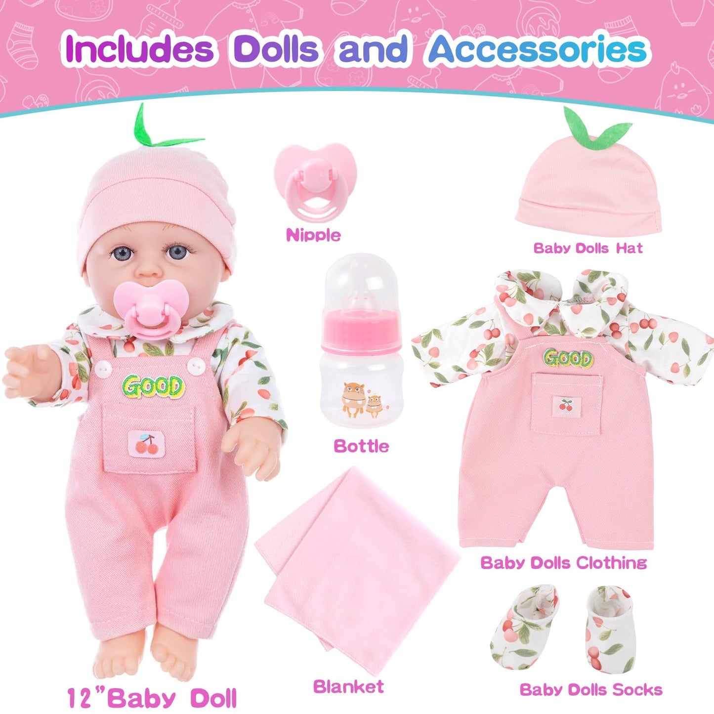 BDDOLL 12 Inch Baby Doll Playset with Clothes and Accessories Including Dolls Clothes Hats Socks Bottles Nipple Blanket