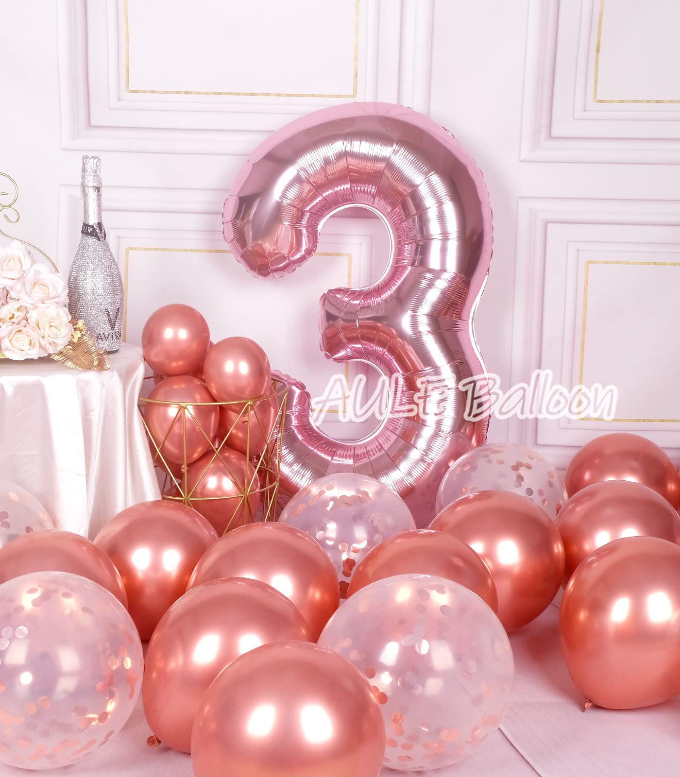Aule 40 Inch Big Rose Gold 3 Balloon Number Large Foil Helium Number Balloons 0-9 Jumbo Giant Happy 3Rd Birthday Party Decoratio