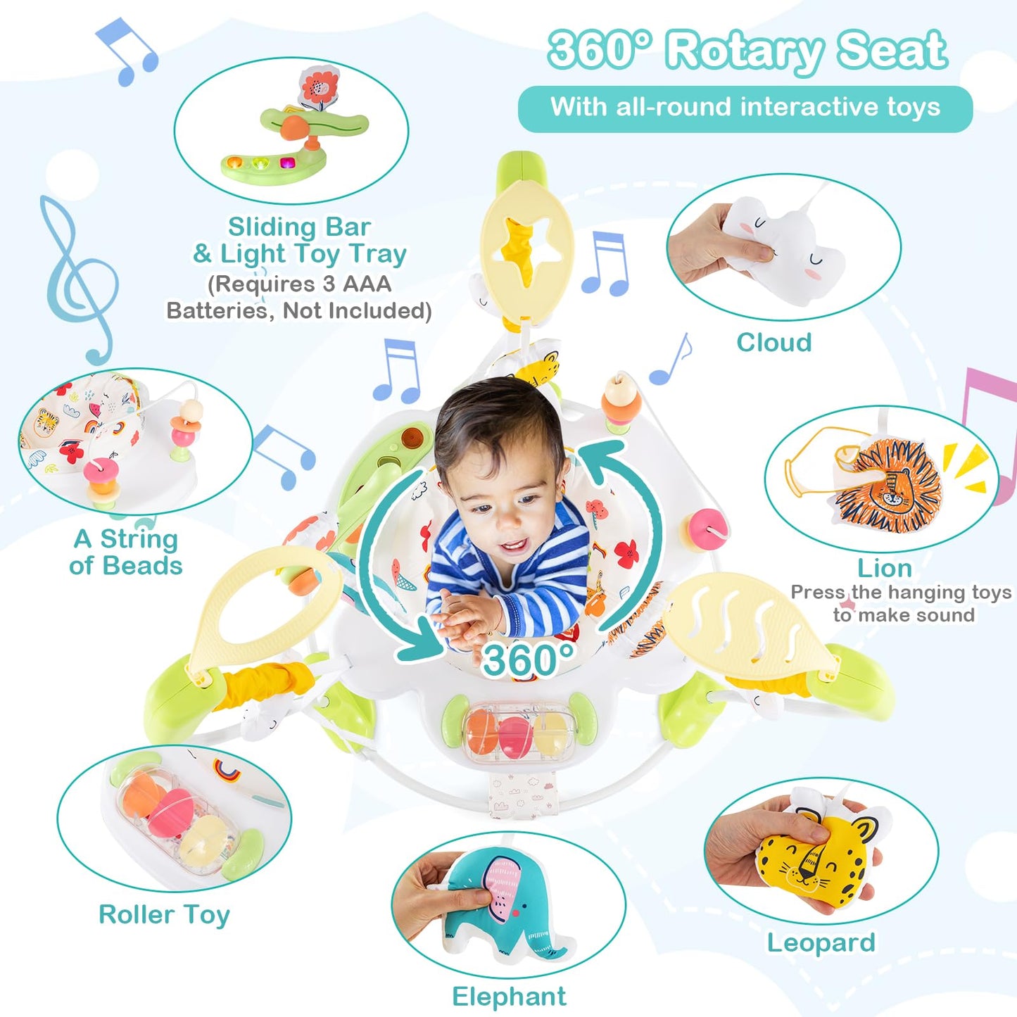 HONEY JOY Baby Bouncer Activity Center - 360° Rotary Seat, 3 Heights, Yellow, Music & Lights, Developmental Toys for Infants