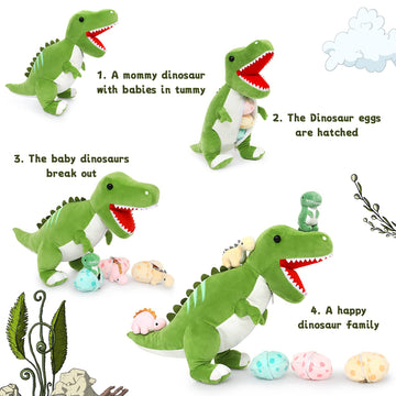 Tezituor Giant Dinosaur Stuffed Animal 23.6'' Big T-Rex Mommy Dinosaur Plush Toy With 3 Cute Baby Dinosaurs & 3 Egg Bags Inside Its Zippered Tummy For Boys Girls