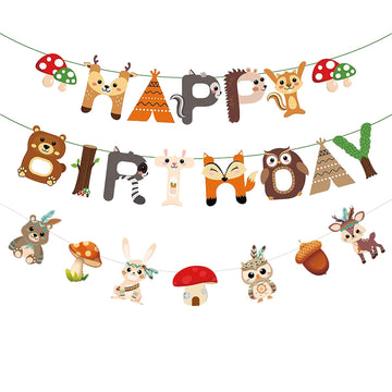 Zwiebeco Forest Animals Birthday Party Decoration Supplies - Animals Happy Birthday Banner Bunting Garland Hanging Paper Kit For
