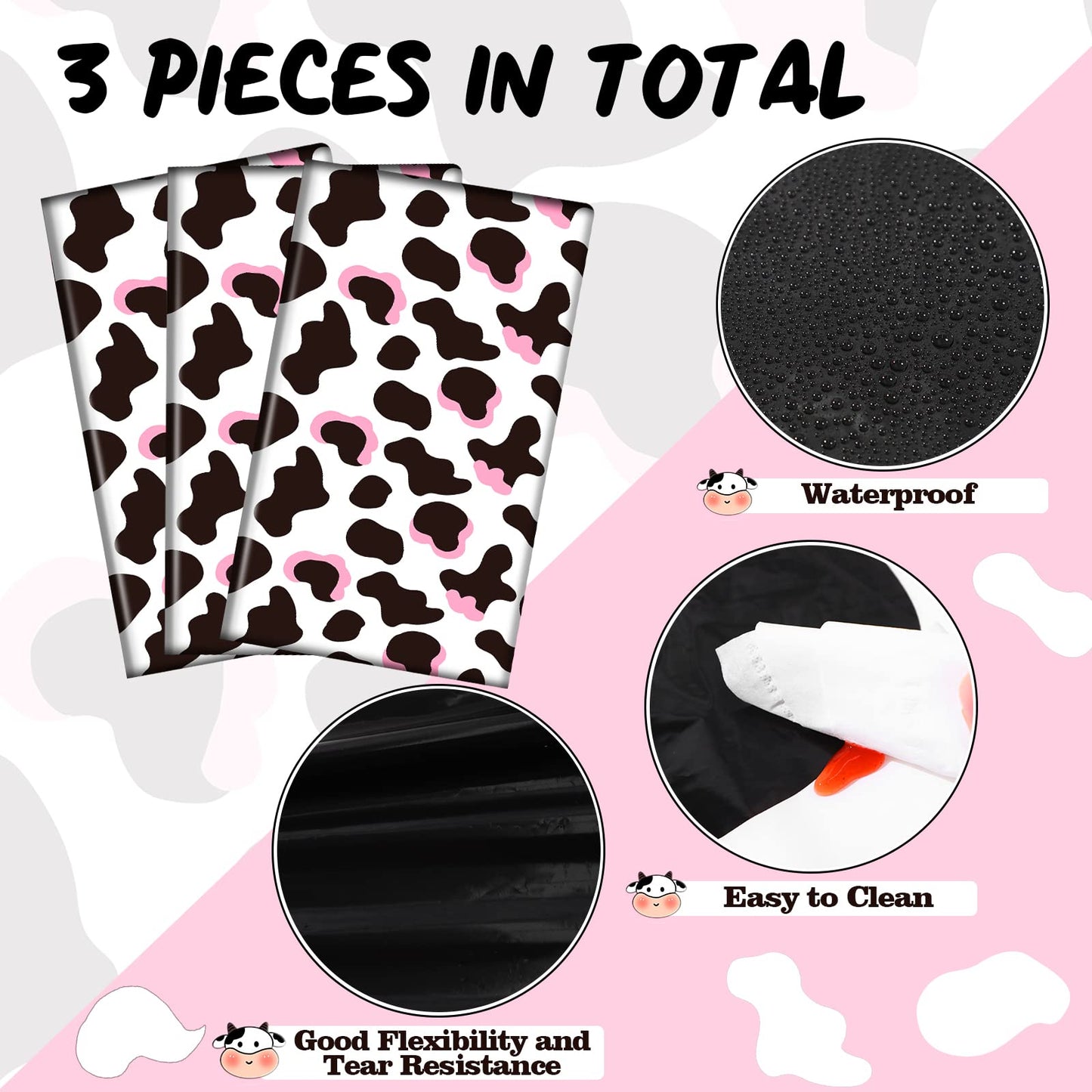 3 Pcs Pink Cowgirl Cow Print Table Cover Plastic Rectangle Cowgirl Farm Animal Theme Party Tablecloth Pink Black and White Cow P