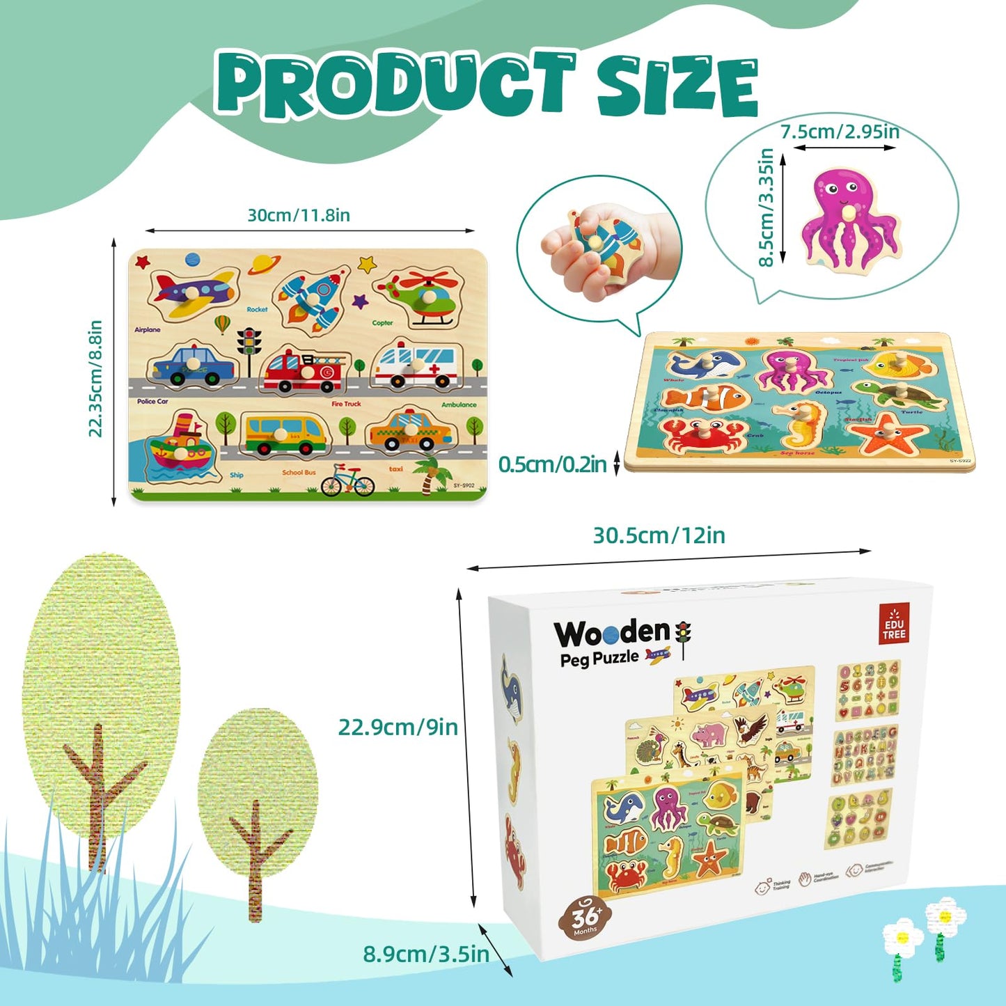 Edutree Wooden Peg Puzzles For Toddlers 1 2 3 4, 6 Pack Educational Peg Puzzles Montessori Toys, Learning Puzzles For Kids Girs