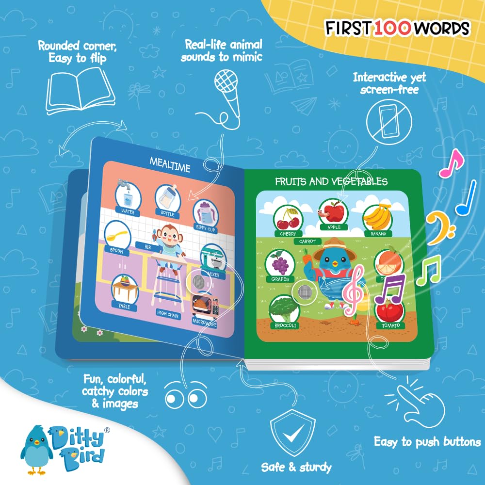 Ditty Bird Talking Books 100 Words | Fun Vocabulary & Speech Learning For Babies | Board Books For Toddlers 1-3 | Children'S Interactive Toddler Books With Great Pictures | Sturdy Baby Sound Books