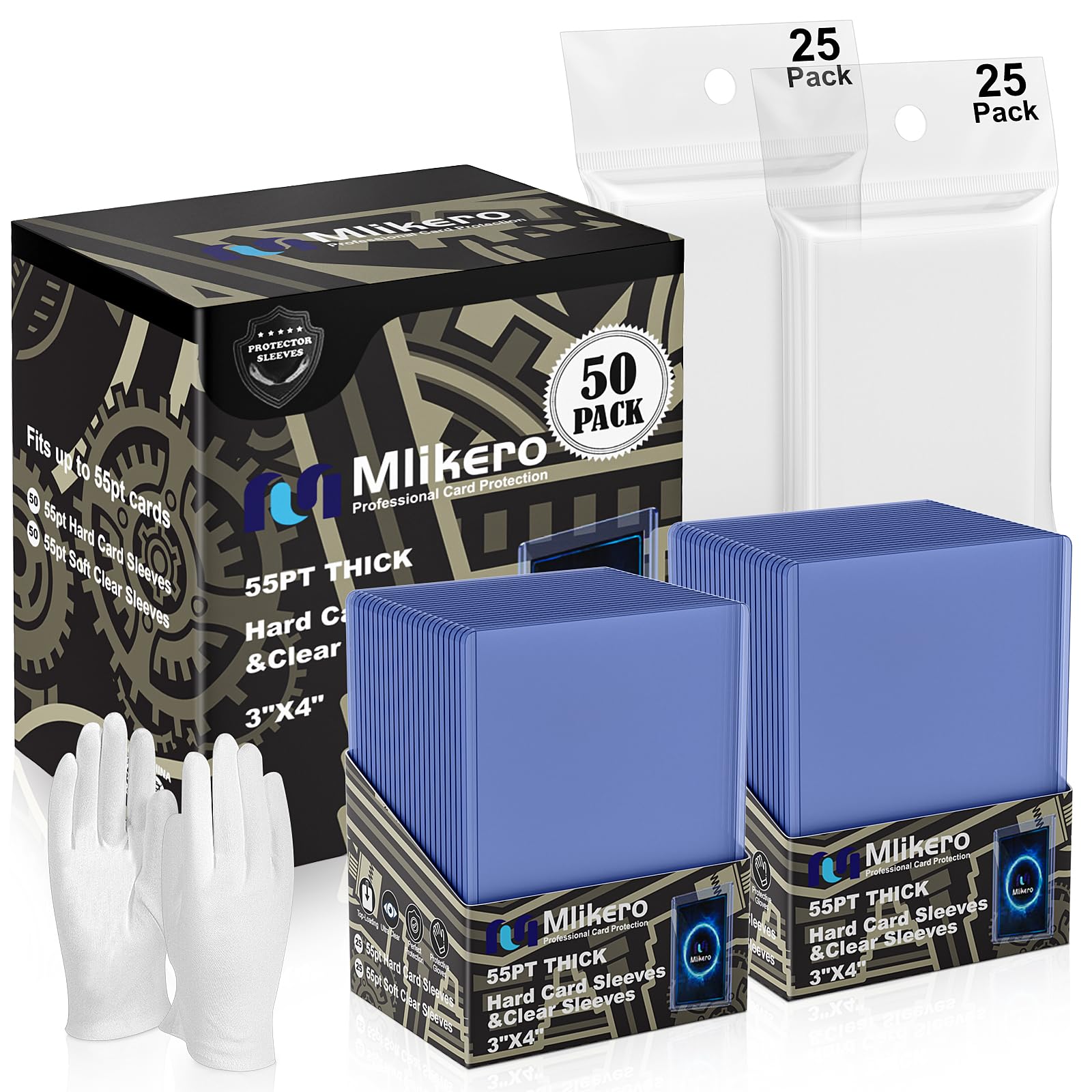 50 Count 55pt Card Sleeves Hard Plastic, Includes 50 Count 55pt Clear Soft Sleeves, 3x4 Card Protectors Hard Plastic Perfect for