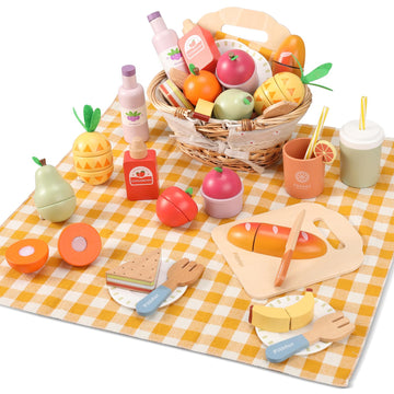 Pithfor Picnic Playset, Wooden Play Food Set for Kids Kitchen, Cutting Pretend Play Kitchen Food Toy for Toddlers Girls Boys 1 2